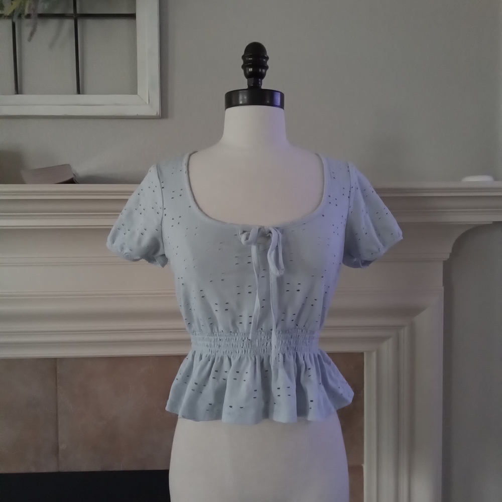 Arizona Jean Company Blue Puff Sleeve Peplum Blouse